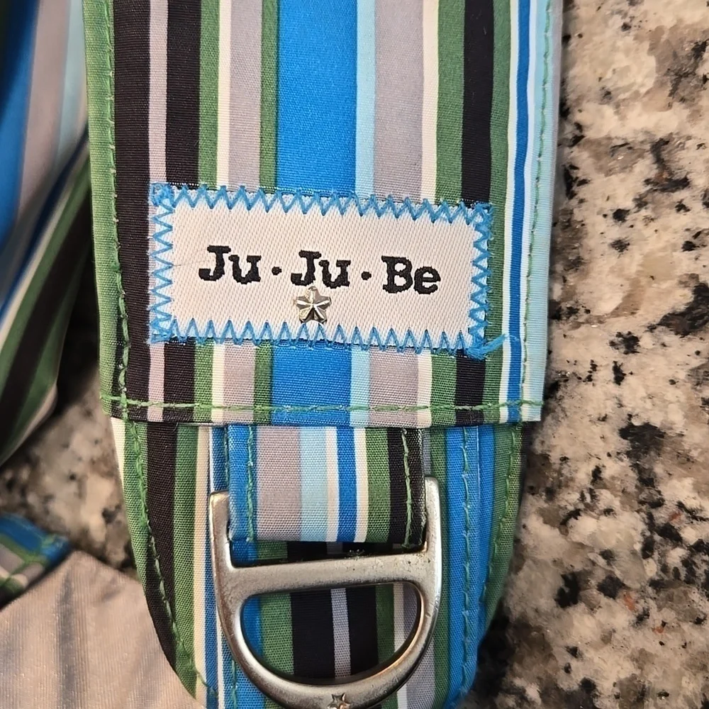 JU JU BE BETTER BEE STRIPED MESSANGER DIAPER BAG WITH CHANGING PAD.